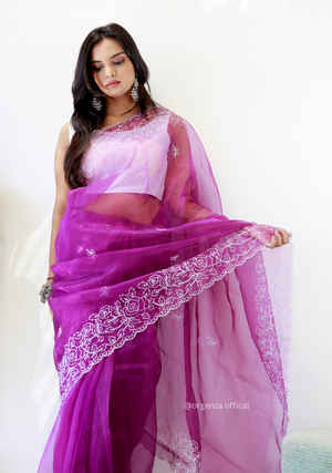 Lavender Colour Embroidery Thread Work Saree - Orgenza Store