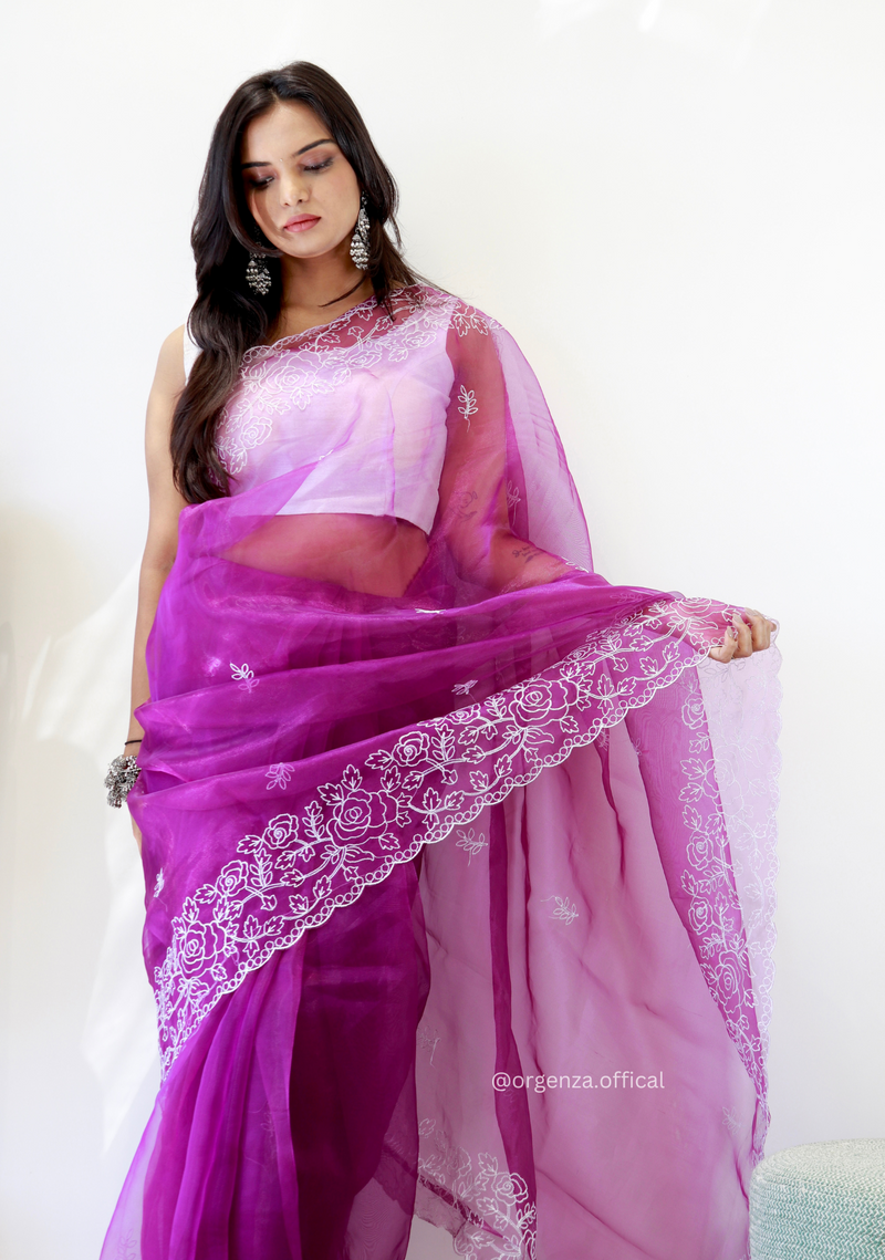 Lavender Colour Embroidery Thread Work Saree