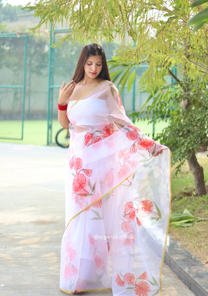 Floral Organza Saree With Golden Border - Orgenza Store