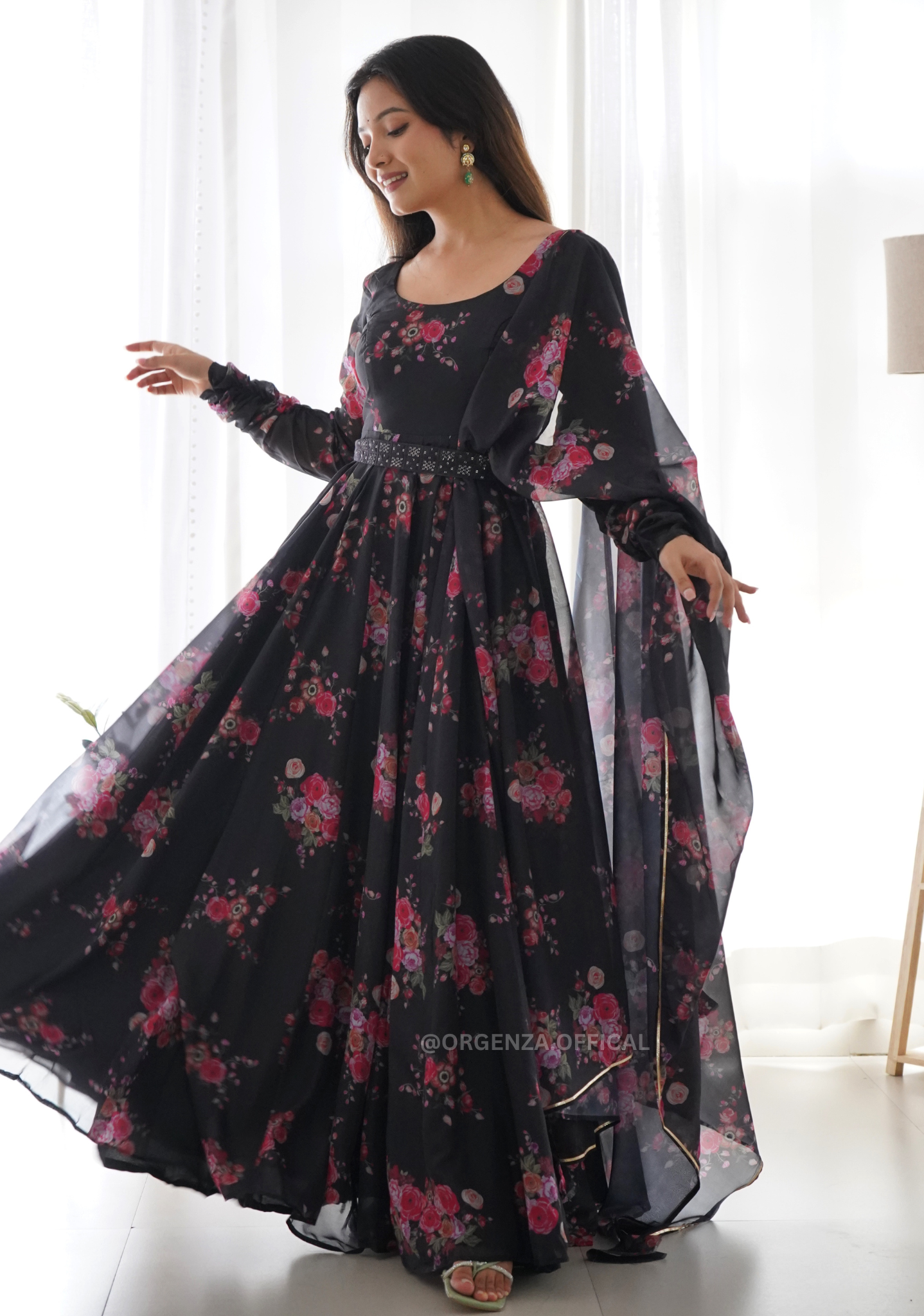 Pure Organza Silk Anarkali With Floral Print - Orgenza Store