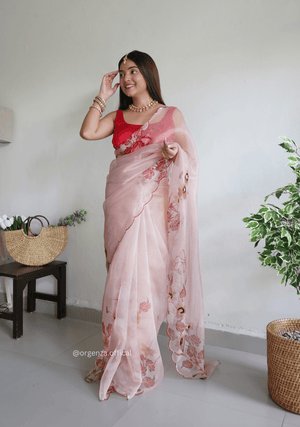 Onion Colour Organza Saree With Handwork - Orgenza Store - digisoch