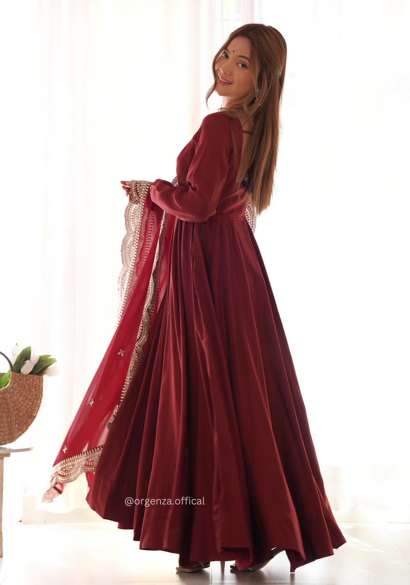 Maroon Colour Roman Silk Chanderi Plain Anarkali Kurti