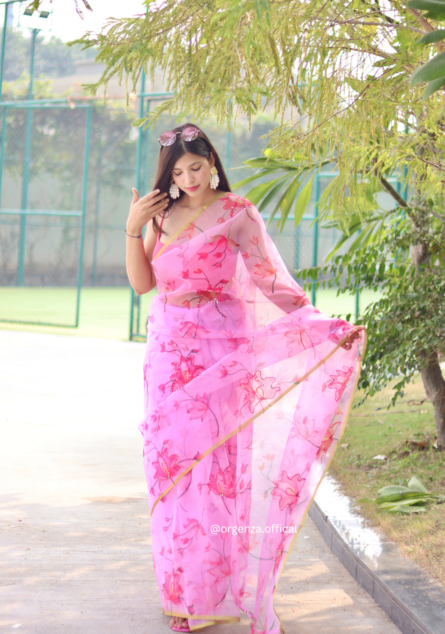 Organza Silk Saree With Floral Thread Work - Orgenza Store