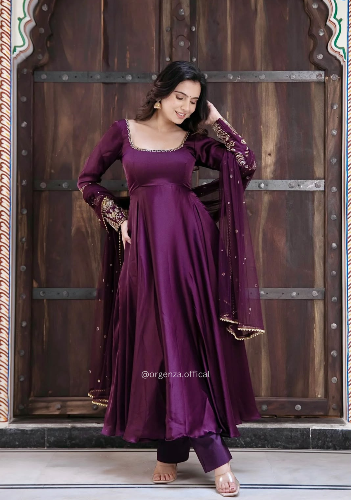 Dark Purple Upada Silk 7 Meter Flare Sequin Embroidered Gown Set