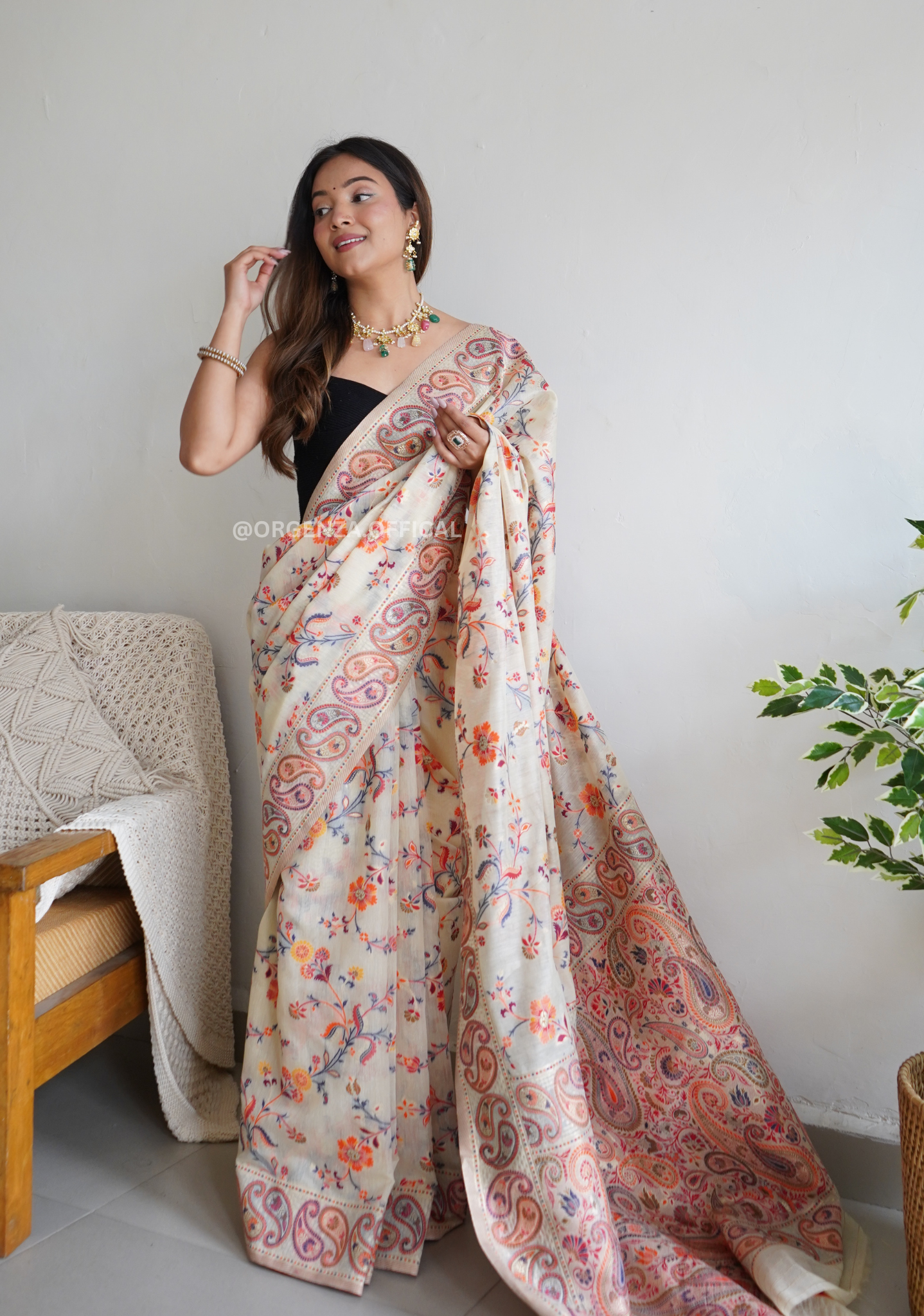 Pure Pashmina Kanchi Weaving Kashmiri Silk Saree - Orgenza Store