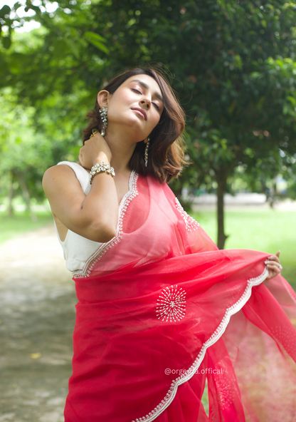 Red Colour Organza Saree With Hand Work - Orgenza Store