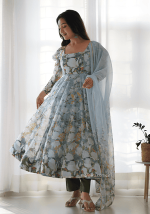 Floral Print Organza Anarkali With Dupatta And Pant - Orgenza Store - digisoch