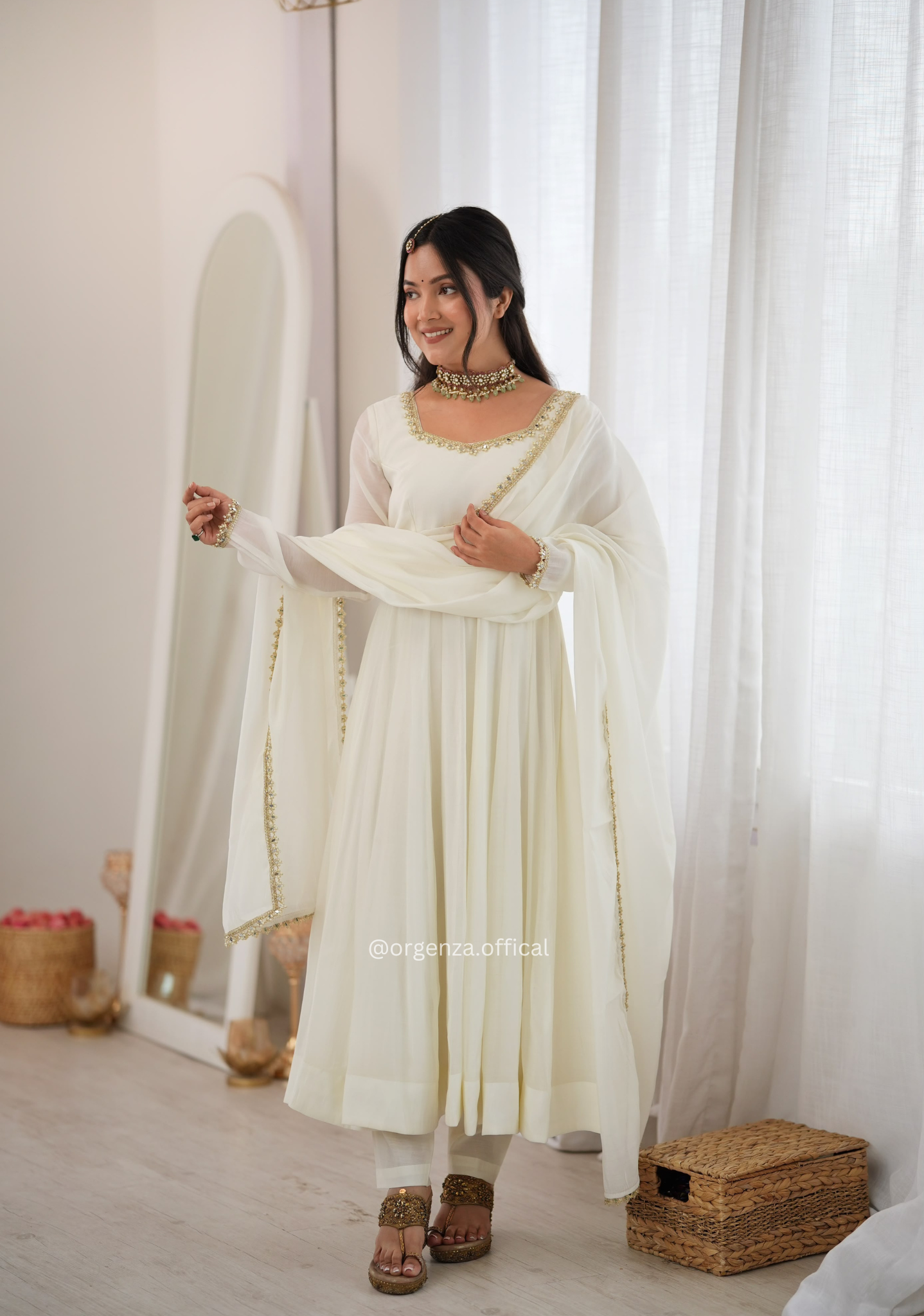Off-White Pure Mal Chanderi Mirror Work Anarkali Set