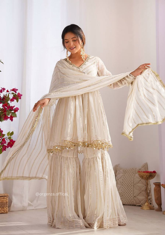 Off White Colour Kediya Sharara Palazzo Fully Stitched Kurti
