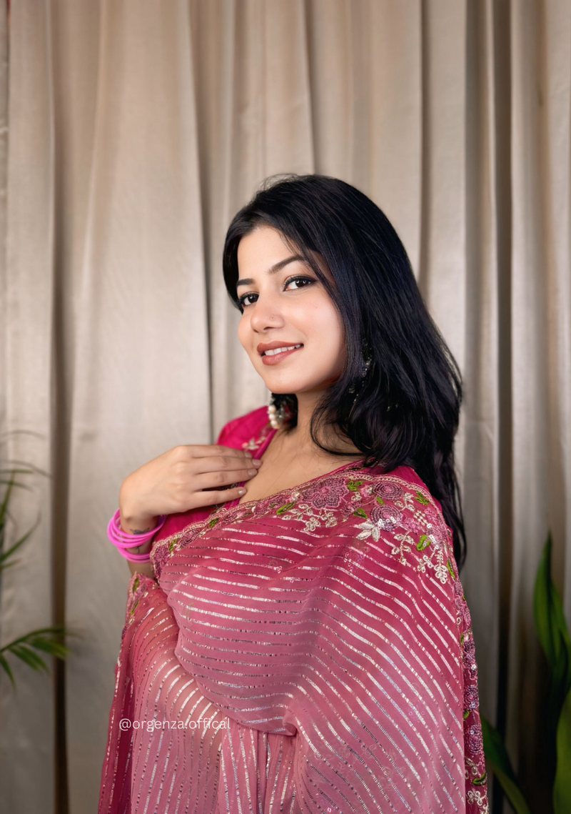 Pink Georgette Saree With Silver Weaving Lining