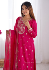 Chinon Silk Fabric Straight Fit Kurta With Dupatta Set