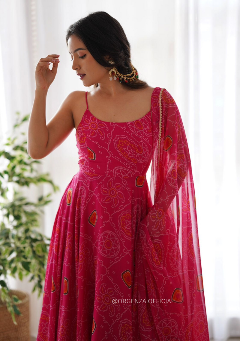 Maher - Pink Bandhani Printed Urave Cut Long Dress - D381F2053 – InduBindu