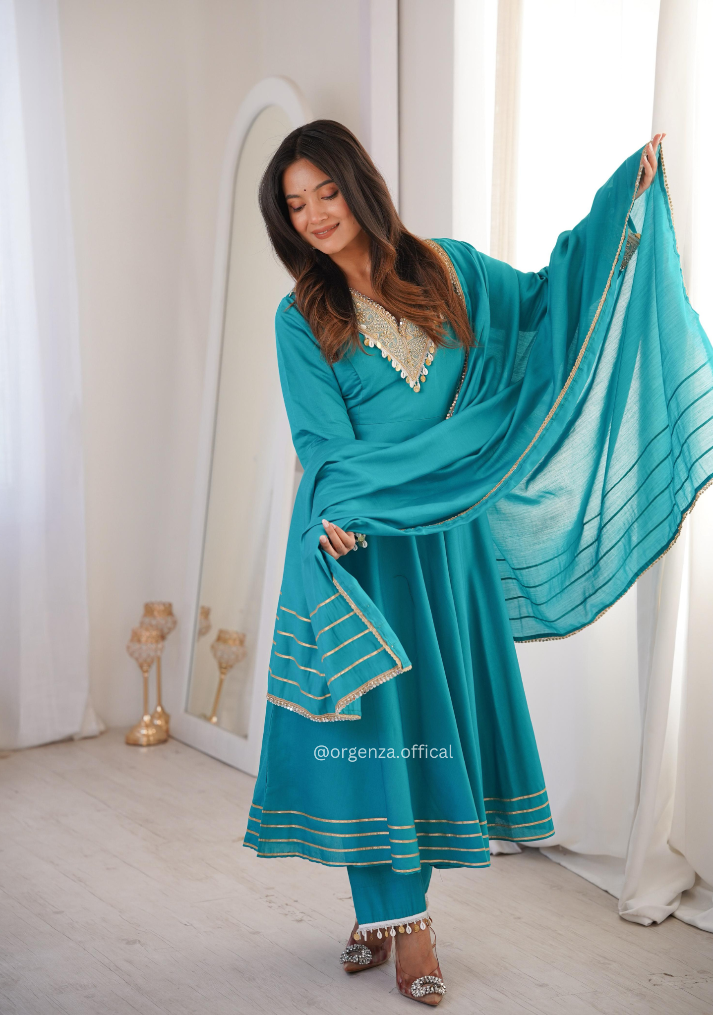 Elegant Roman Fabric Gown Set with Embroidered Patchwork, Pant, and Dupatta