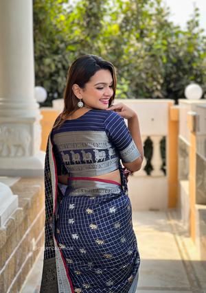 Navy Blue Colour Silk Saree With Gold And Silver Zari - Orgenza Store