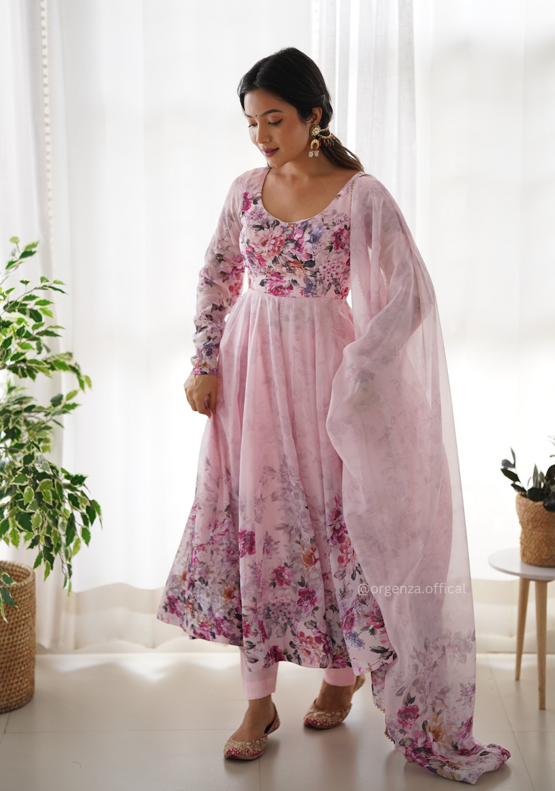Baby Pink Anarkali With Floral Printed