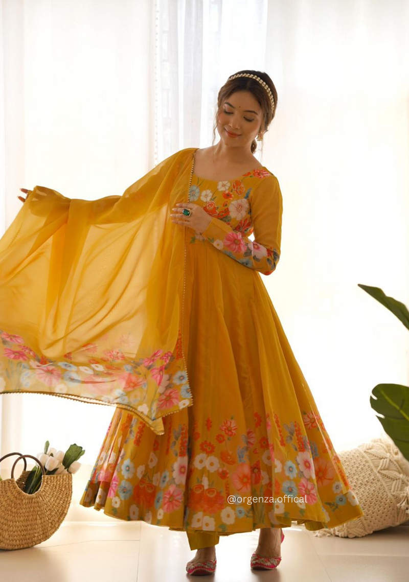 Floral Organza Anarkali With Dupatta And Pant