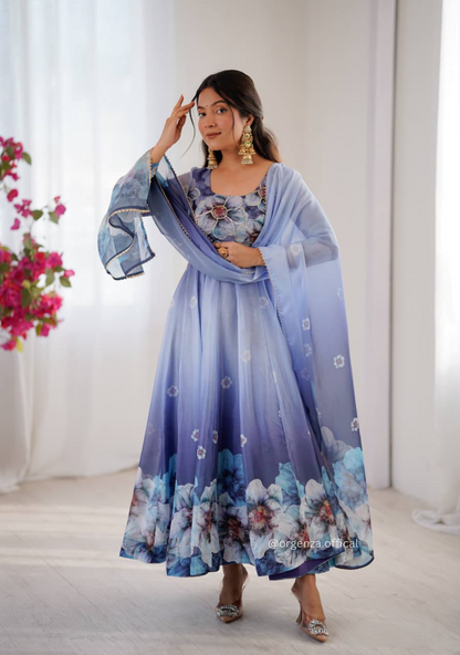 Grey Colour Organza Silk Digital Print Anarkali Kurtis