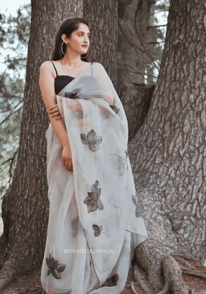 Pure White Organza Saree With Hand Work - Orgenza Store - digisoch