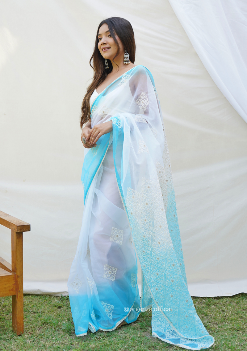 Sky Blue Organza Saree With Viscous Thread Work