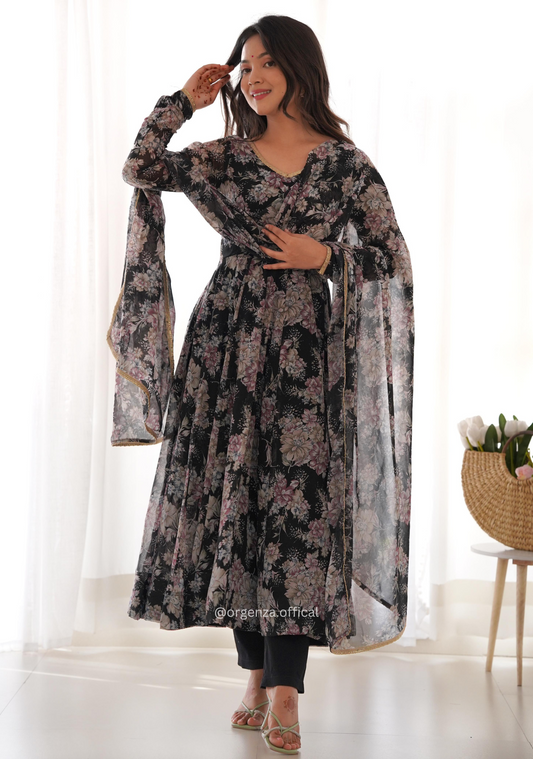 Black Floral Georgette With Dupatta Set - Orgenza Store
