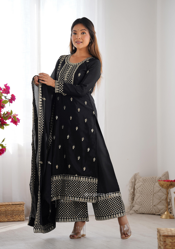 Chinon Silk Fabric Straight Fit Kurta With Dupatta Set