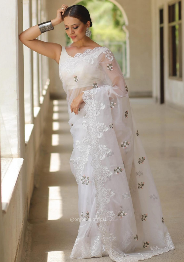 Pure White Organza Saree With Embroidery Work