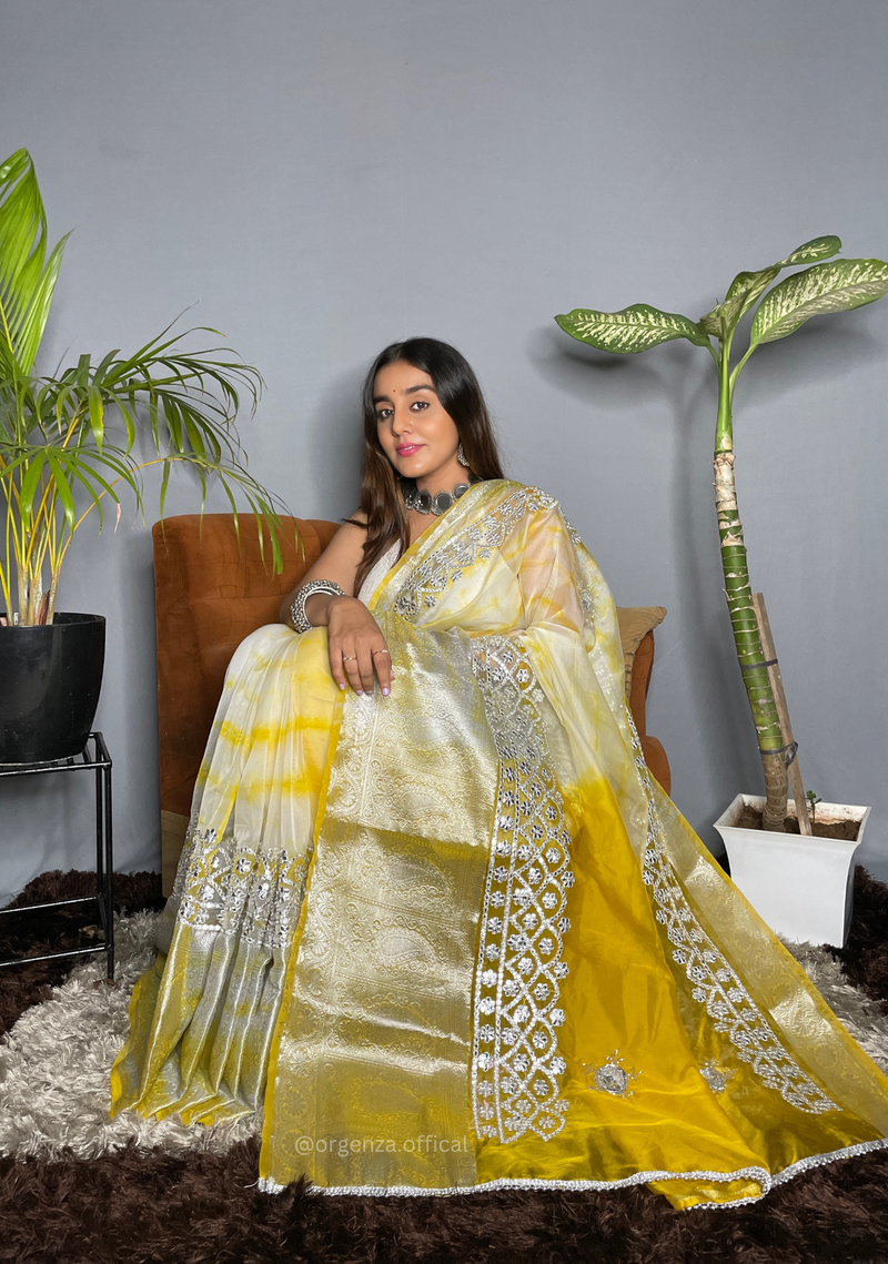 Yellow Colour Organza Saree With Weaving Border
