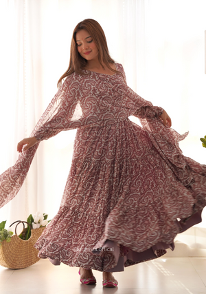 Pure Soft Fox Georgette Kalamkari Print Ruffle Anarkali - Orgenza Store