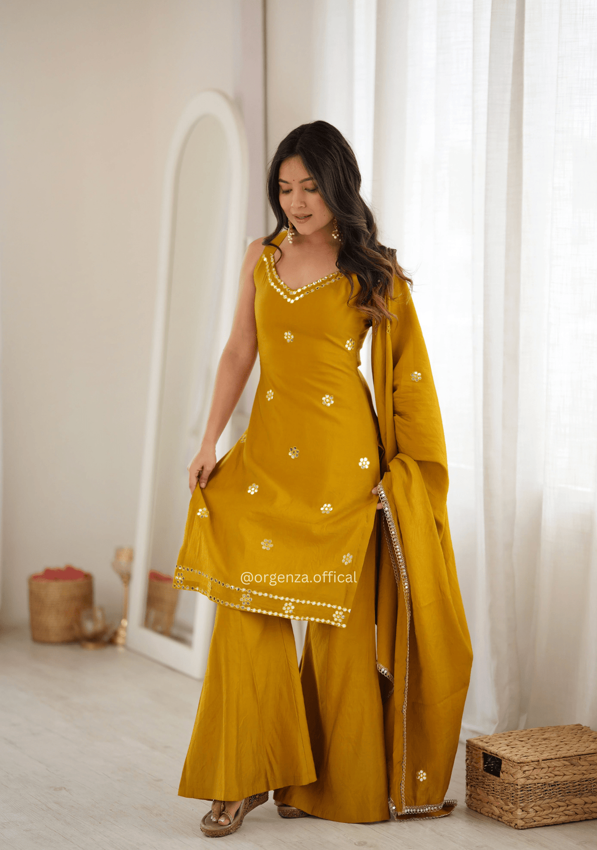 Mustard Yellow Roman Silk Foil Work Palazzo Set