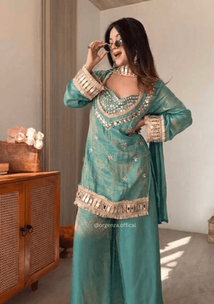 Premium Fendy Silk Sharara Suit Set with Real Mirror Work & Lace Border - Orgenza Store
