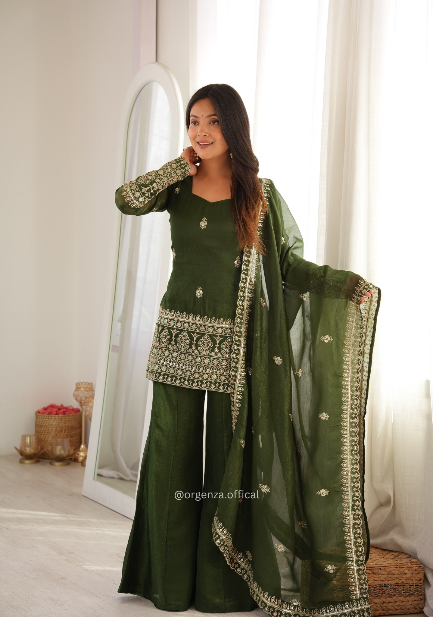 Crunchy Silk Embroidered Suit Set with Bell Bottom & Dupatta