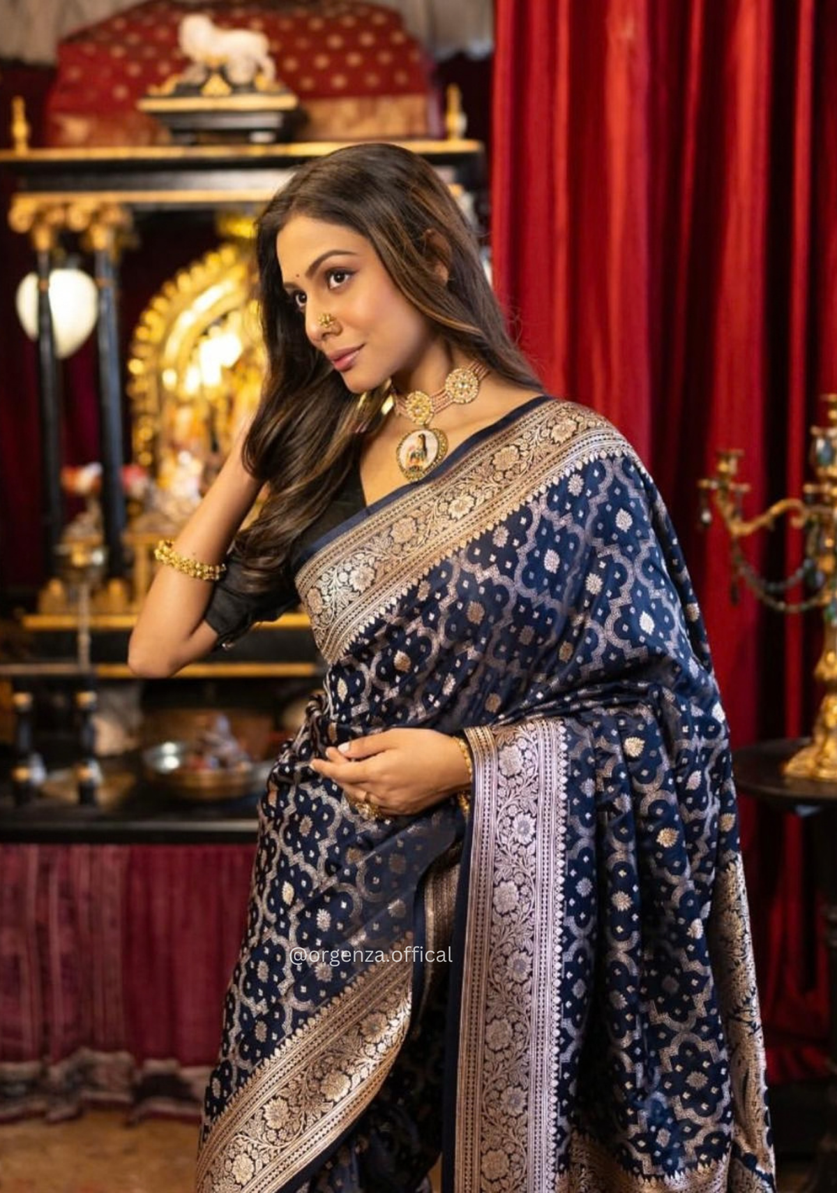 Navy Blue Banarasi Saree with Golden Zari Weaving