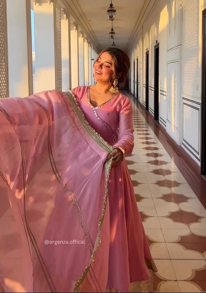 Designer Heavy Tabby Organza Anarkali Suit Set with Sequins Embroidery