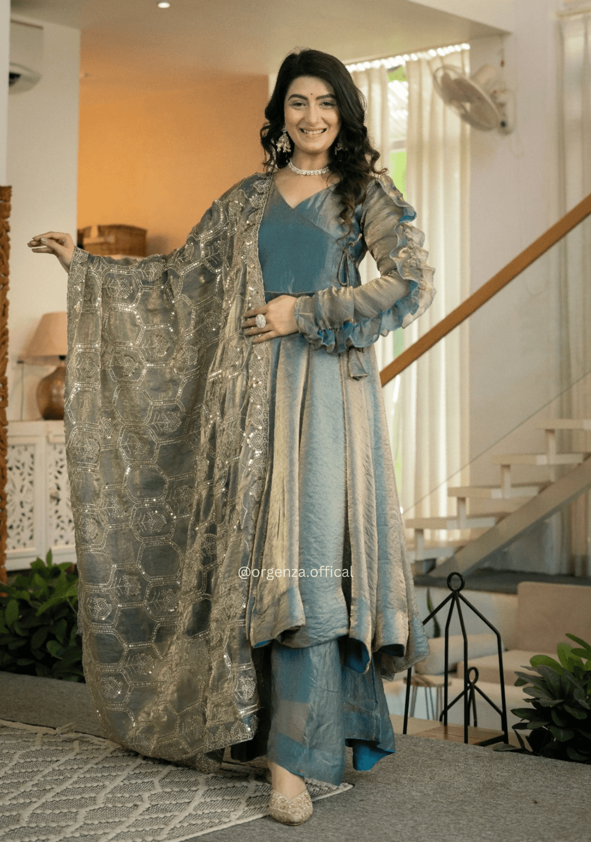 Sea Green Designer Fandy Silk Anarkali Palazzo Set