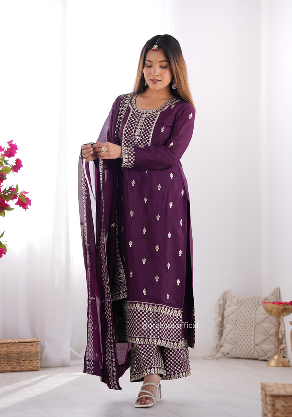 Chinon Silk Fabric Straight Fit Kurta With Dupatta Set