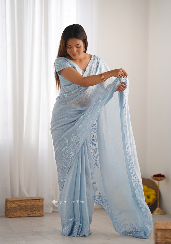 Sky Colour Tissue Silk Saree With Embroidery Work