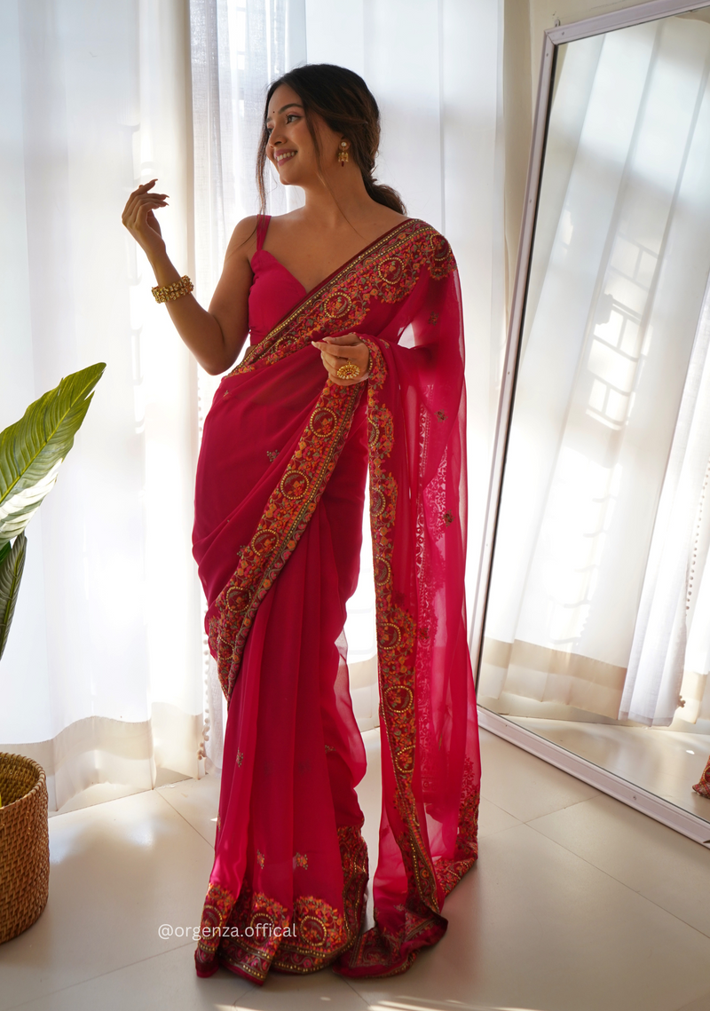 Pink Georgette Silk Saree With Embroidery Work