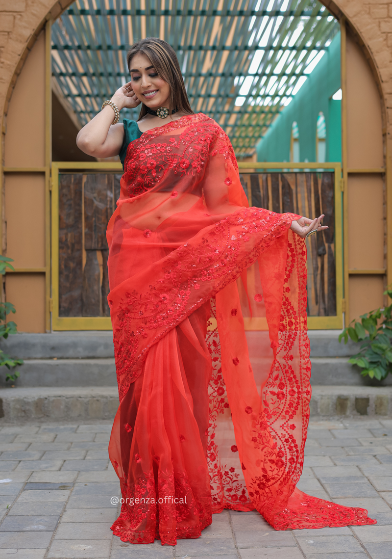 Red Soft Organza Saree With Sequence Work