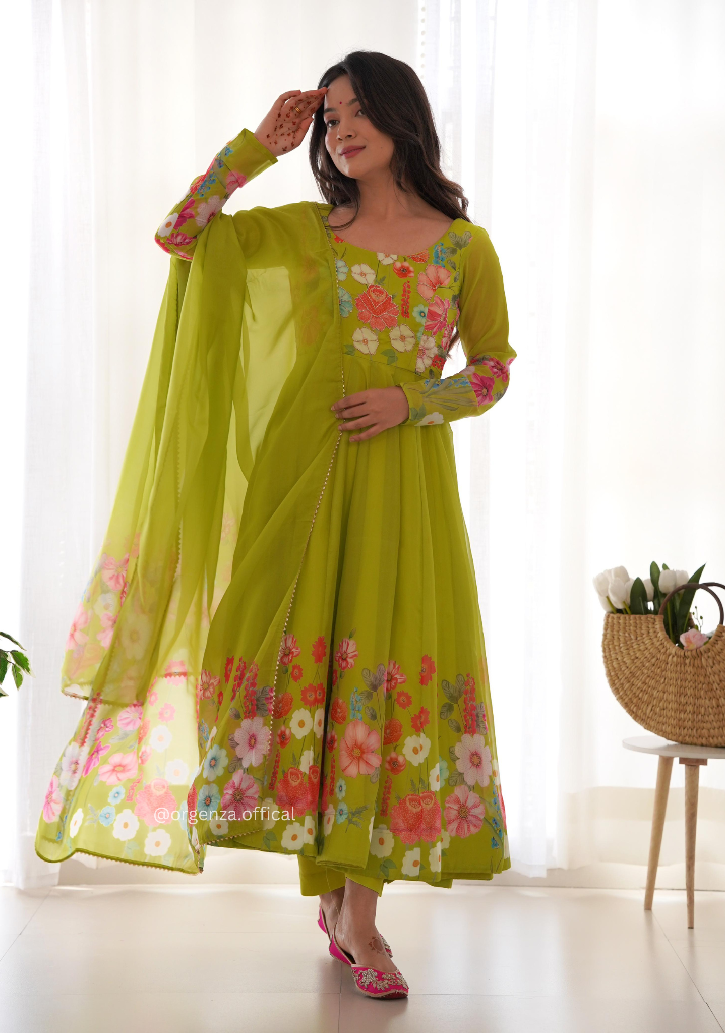 Floral Organza Anarkali With Dupatta And Pant - Orgenza Store