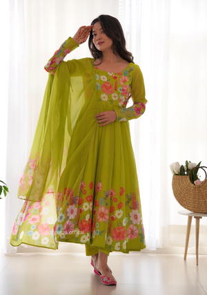 Floral Organza Anarkali With Dupatta And Pant - Orgenza Store