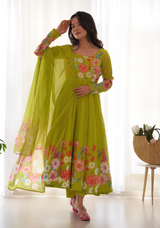 Floral Organza Anarkali With Dupatta And Pant