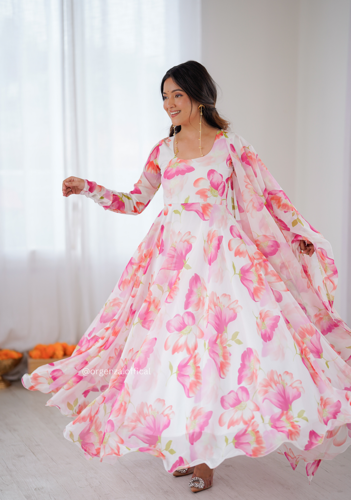 Organza Taby Silk 8 Meter Flare Anarkali Gown Set with Dupatta & Bottom