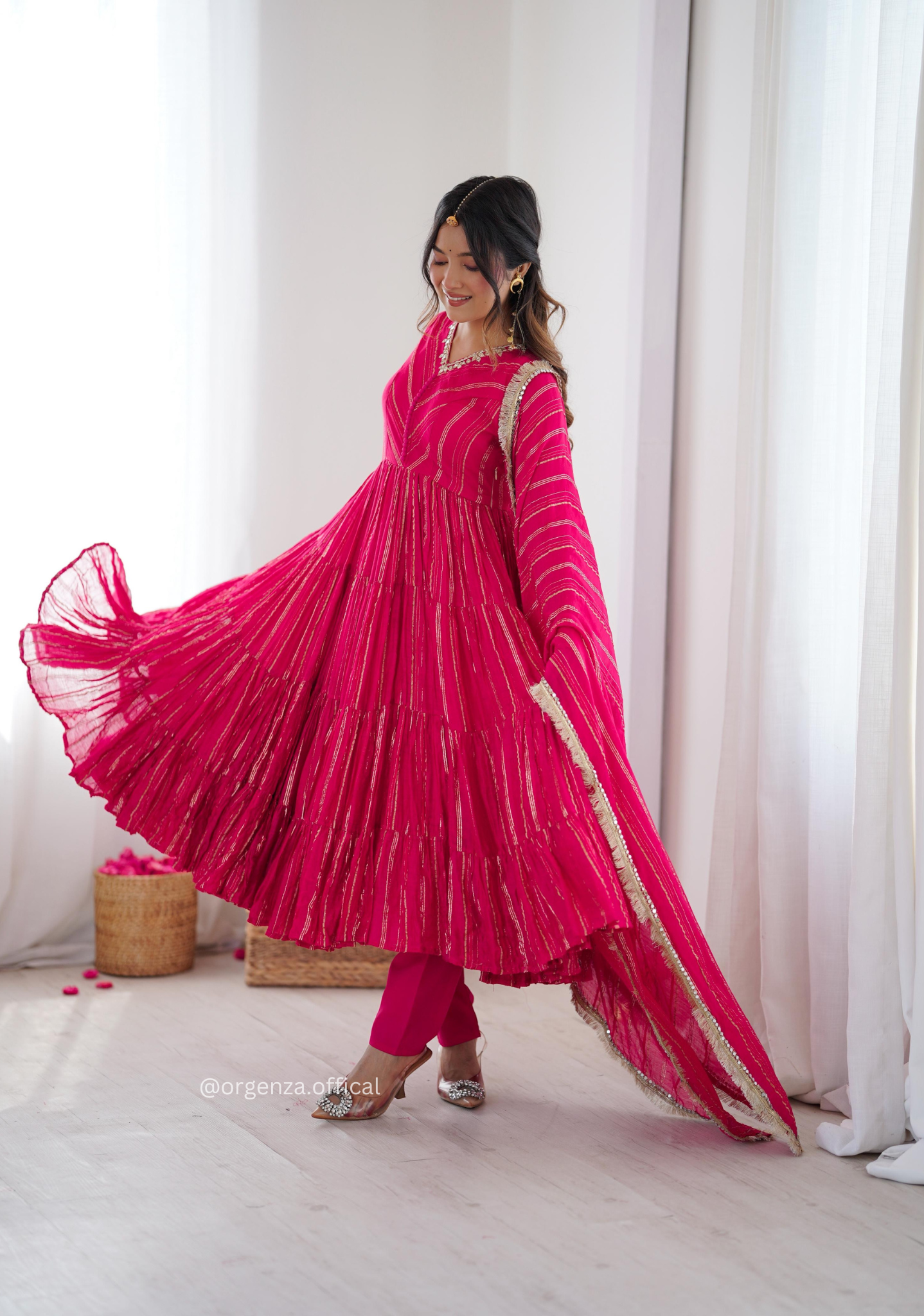 Mal Chanderi Mirror Work Ruffle Gown Set with Dupatta – Fully Stitched