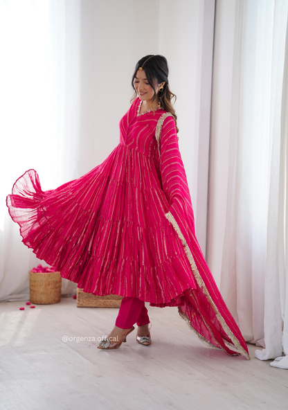 Mal Chanderi Mirror Work Ruffle Gown Set with Dupatta – Fully Stitched