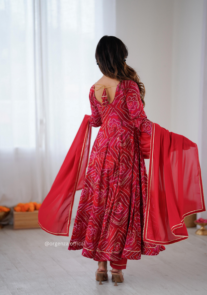 Pure Rayon Bandhani Gown Set with Dupatta & Pant | Women’s Party Wear