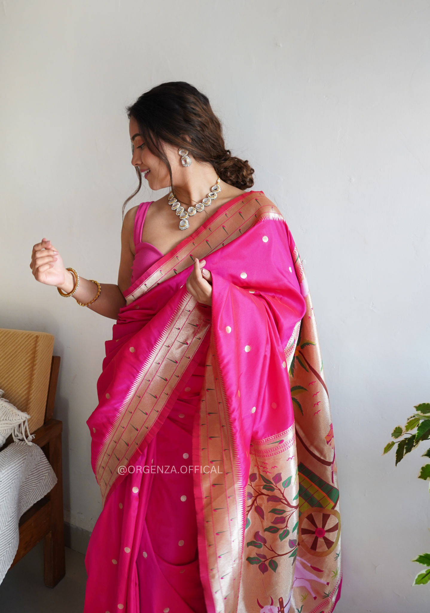 Pure Pink Paithani Silk Saree With Zari Weaving - Orgenza Store