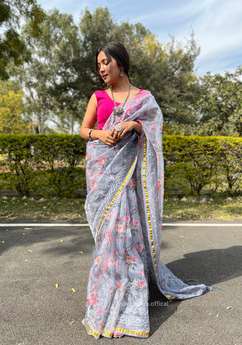 Grey Colour Organza Silk Saree With Thread Work