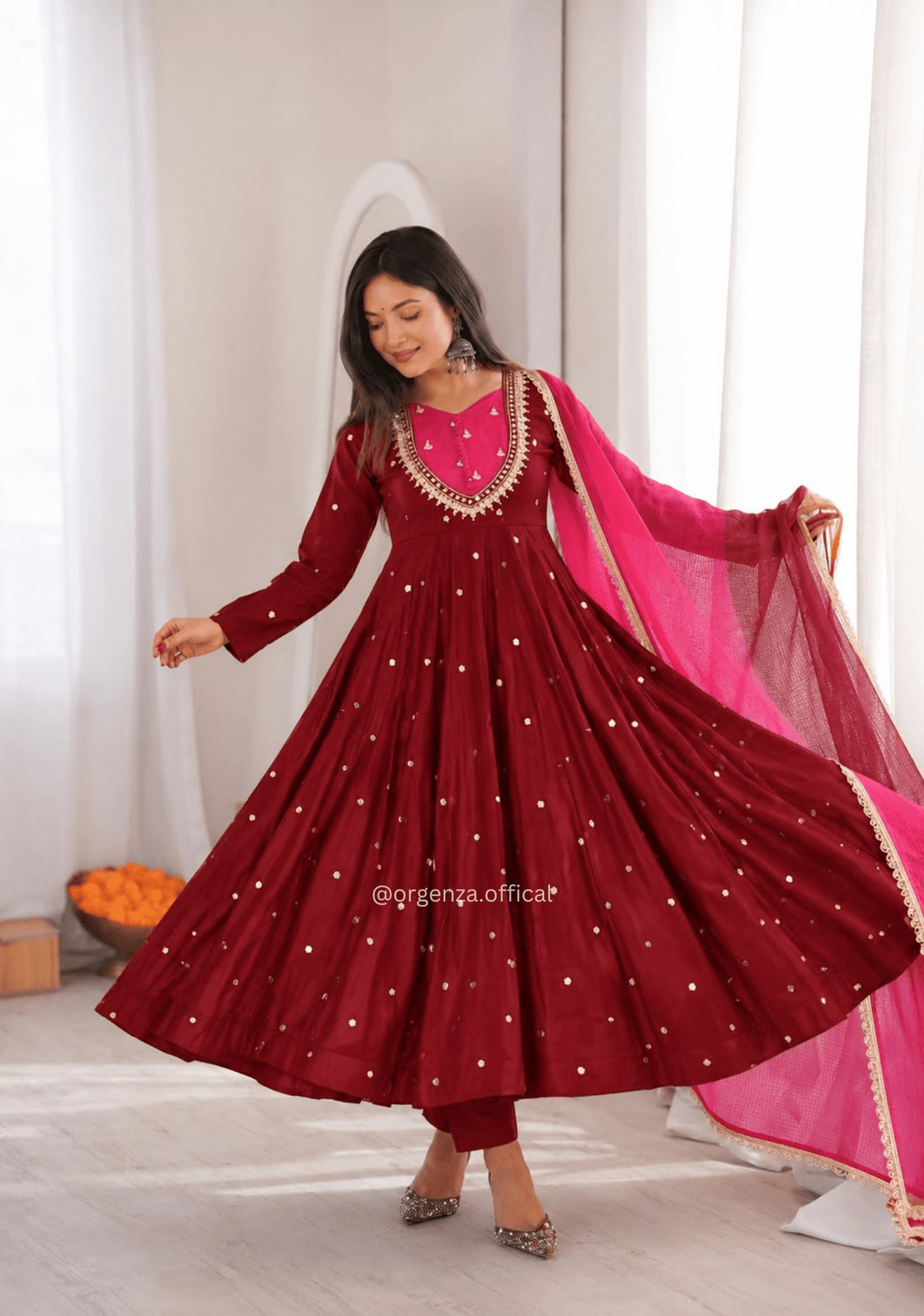 Maroon Pink Roman Silk Mirror Work Anarkali Suit Set