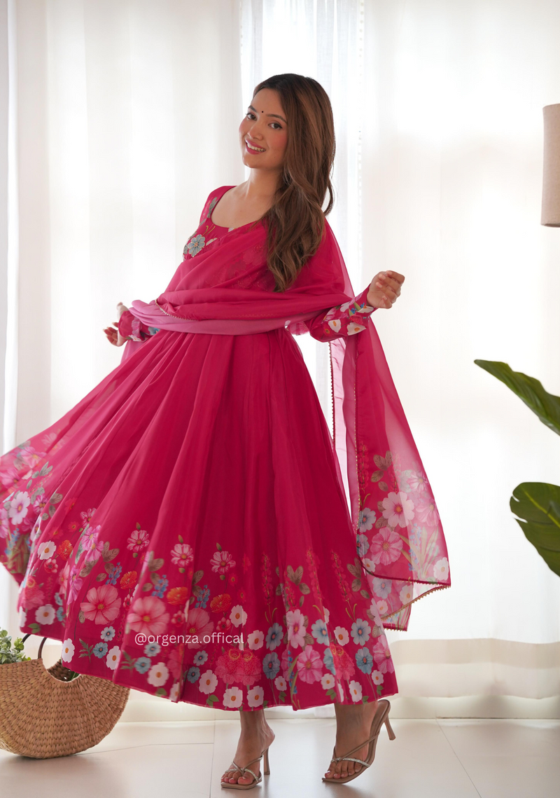 Floral Organza Anarkali With Dupatta And Pant