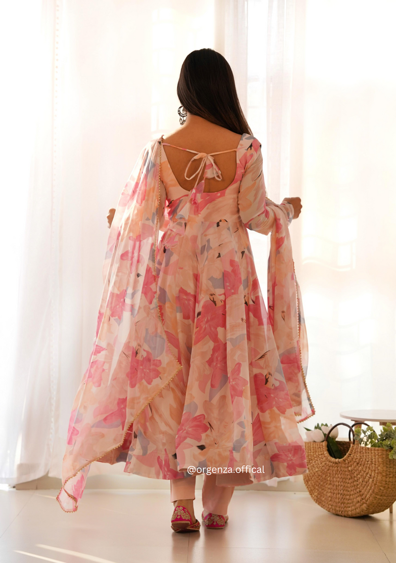 Peach flower Anarkali Kurtis With Dupatta Set